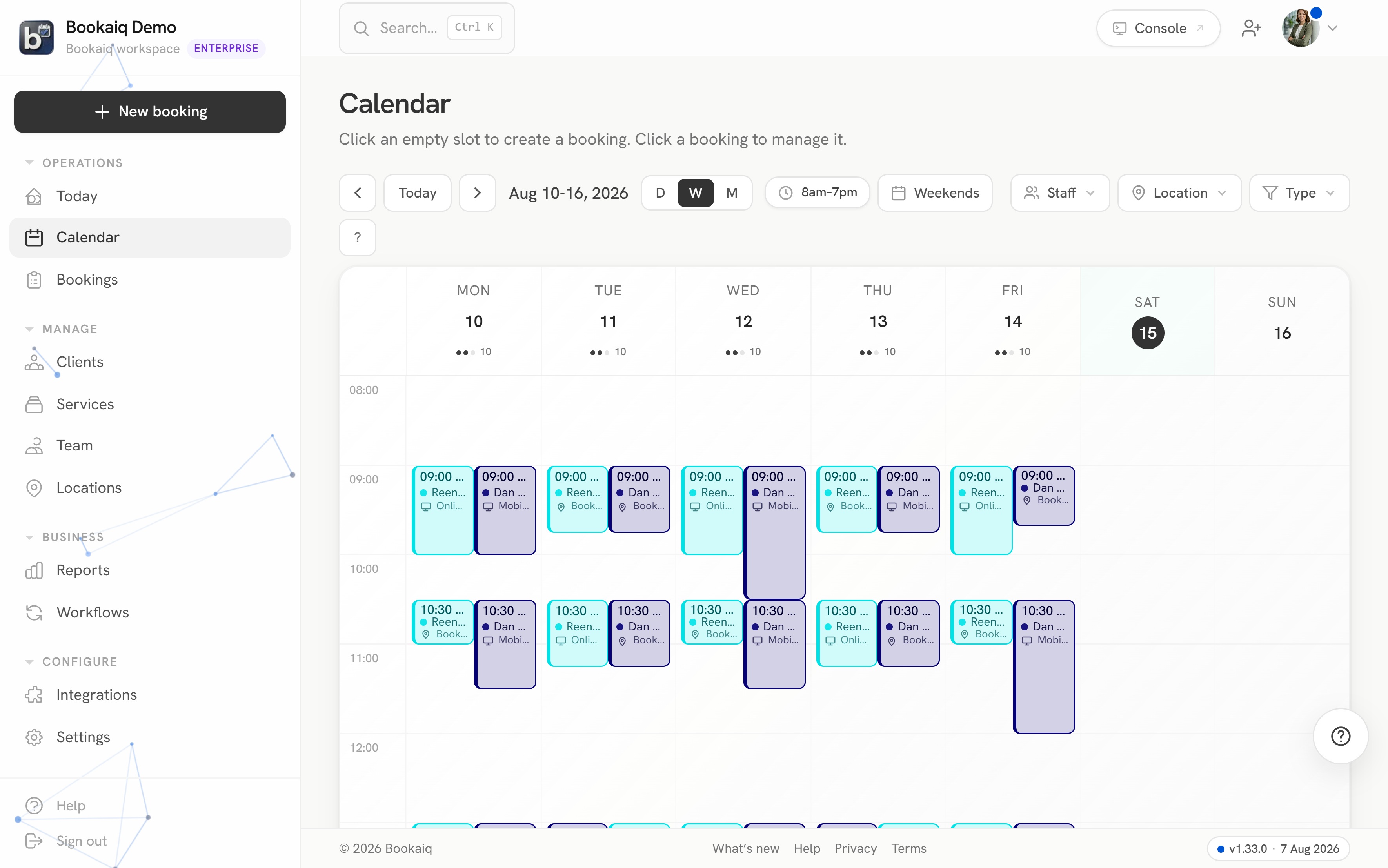 The Bookaiq calendar: a full week of appointments across the team, colour-coded by staff member and location.