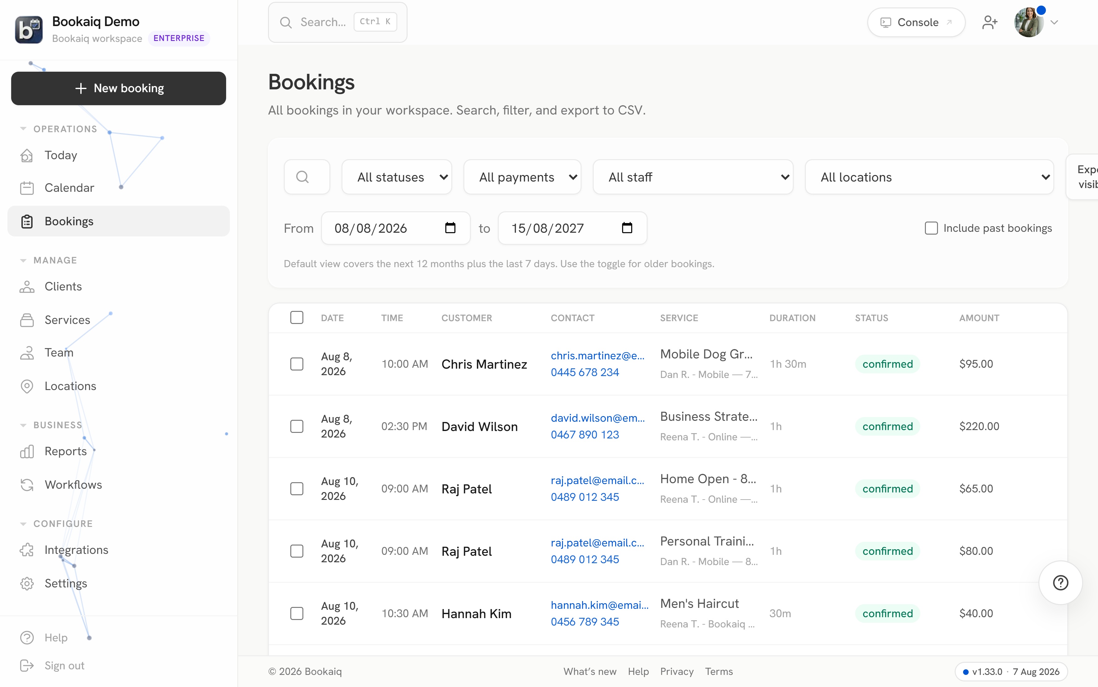 The Bookaiq bookings list: every appointment with customer, service, staff, status and amount, filterable and exportable.