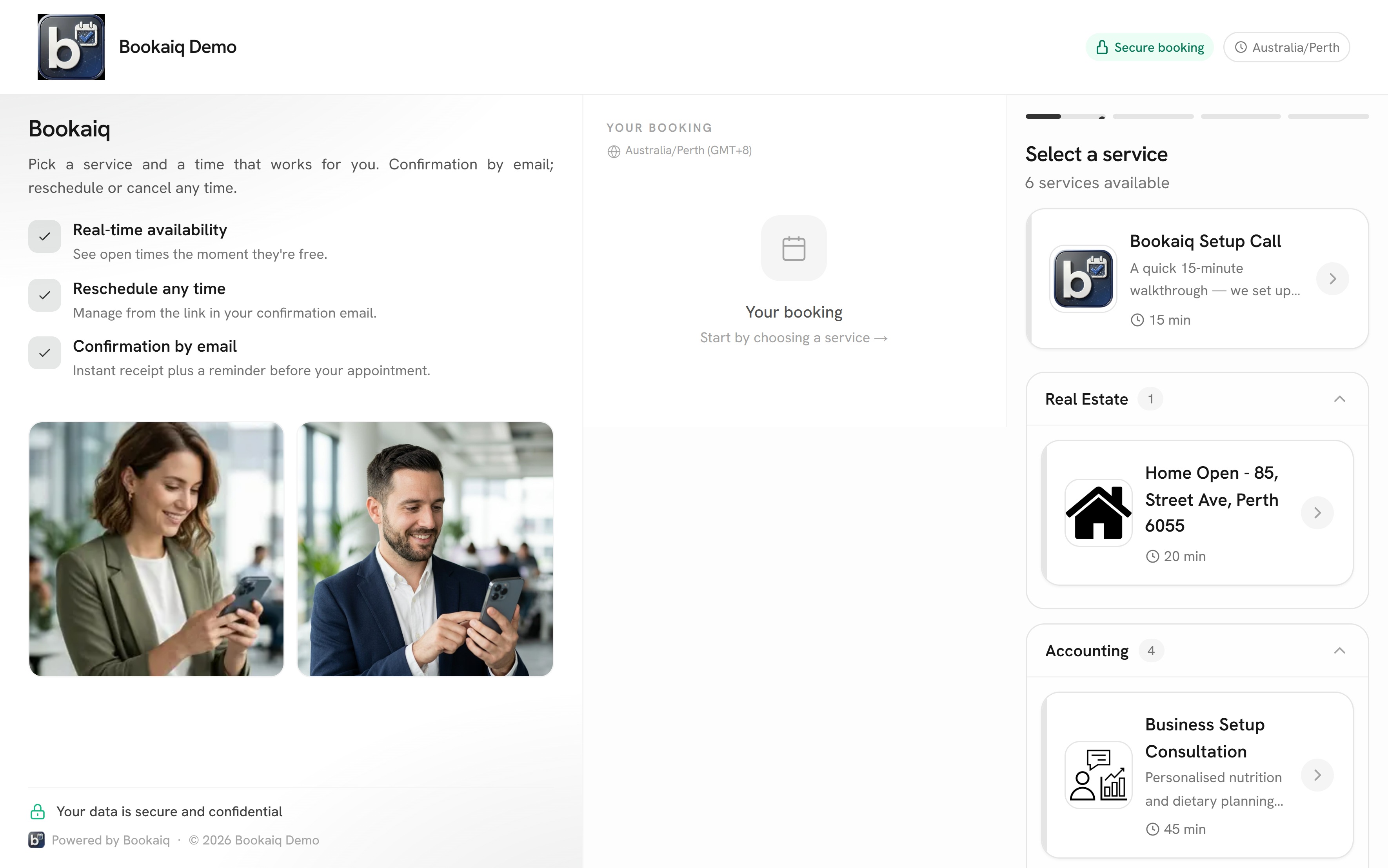 The booking page: choosing from 22 bookable services.