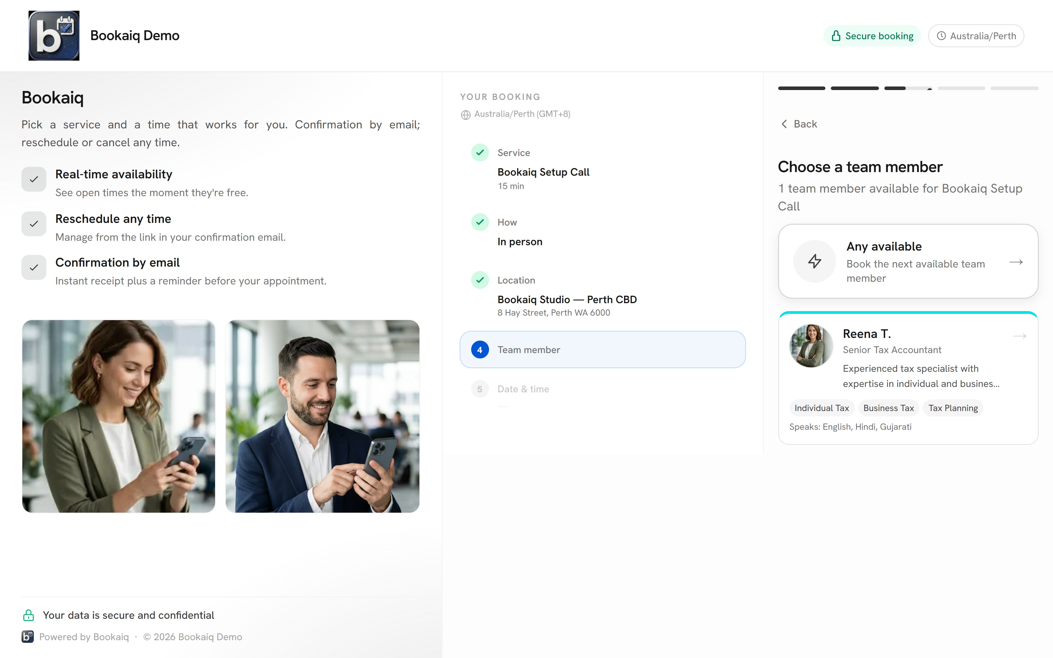 The booking page: choosing which team member to see.