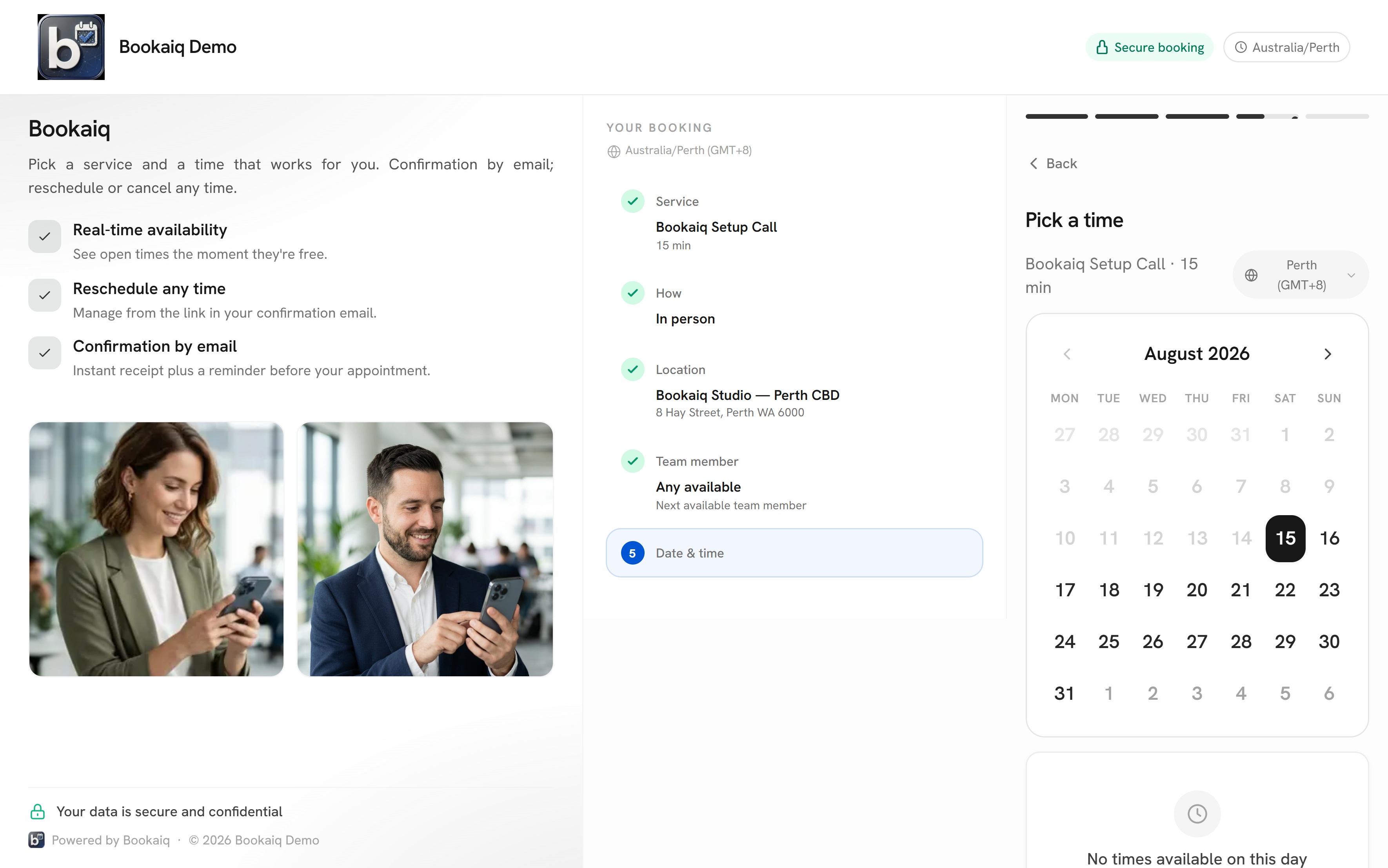 The booking page: picking a date on the live availability calendar.